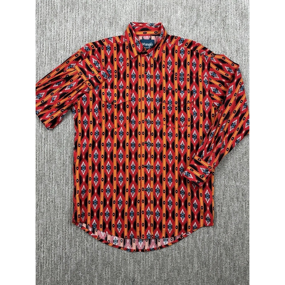 Vintage Wrangler Southwest Aztec Navajo Pearl Snap Western Shirt Men Medium Red